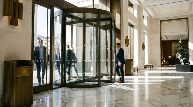 Business people walking through a modern revolving door in a corporate building lobby, motion blur