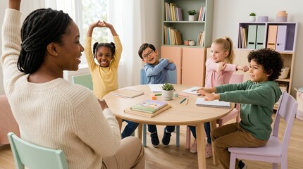 Obraz premium A diverse group of young children and their teacher engaging in a fun, active learning activity around a round table in a bright classroom.