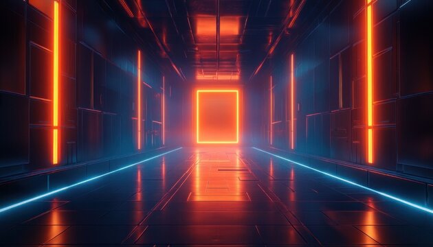 neon-lit futuristic corridor with glowing orange square portal, vertical orange wall lights and blue floor lines on reflective black tiles, symmetrical perspective and mysterious high-tech mood
