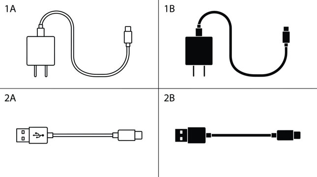 Smartphone charger power adapter and type C usb data cable vector icon set