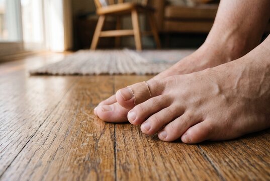 Bare foot with adhesive bandage on toe on wooden floor at home
