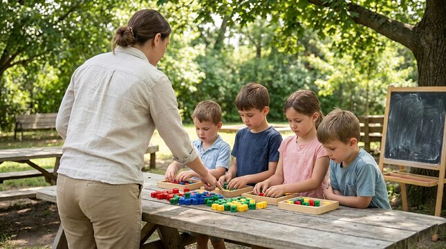 An adult educator teaches four young children outdoors at a wooden picnic table, engaging them with colorful educational blocks and manipulatives in a natural setting.