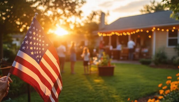 Hand holding an American flag in a sunlit backyard with people socializing near a house, string lights and a warm golden sunset creating a relaxed festive atmosphere