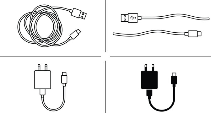 Smartphone charger adapter and USB cable line icon set representing mobile phone device accessories
