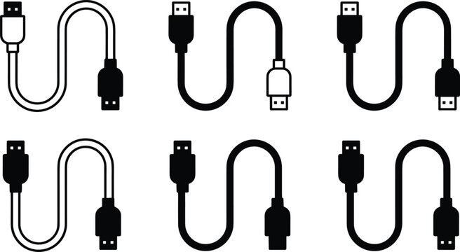 USB cable vector icon set showing computer data wire and connection cords for technology design