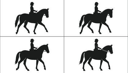 Equestrian horse rider dressage silhouette set showing woman training stallion animal in arena steps sport competition graphic flat vector illustration © Sumita