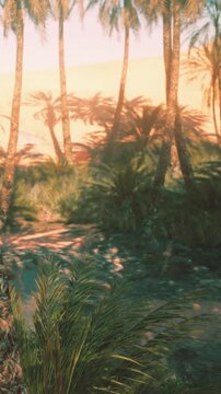 A river flows gently with palm trees lining the water. The sun sets in the background, casting a warm light across the landscape. The scene shows natures beauty and tranquility.