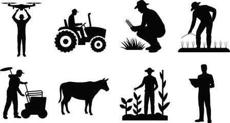 Fototapeta premium Modern and traditional farming activities silhouettes with drone technology, tractor driving, crop inspection, planting, livestock care, and digital tools illustration