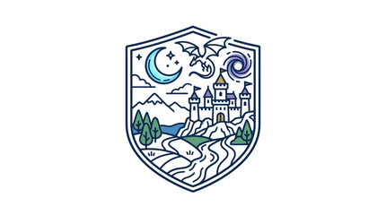 Obraz premium Fantasy shield crest with castle and dragon landscape.