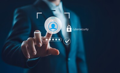 Obraz premium Businessman Interacting with Virtual Cybersecurity Interface Using Finger