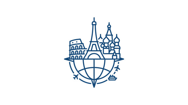 Famous world landmarks positioned on globe icon.