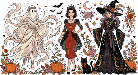 Obraz premium Cute witch and fairy having coffee with a friendly ghost at a halloween party table with pumpkins and decorations