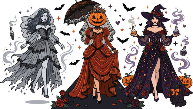 Cute ghost wearing a witch hat drinking pumpkin spice latte at a table with a black cat for autumn halloween