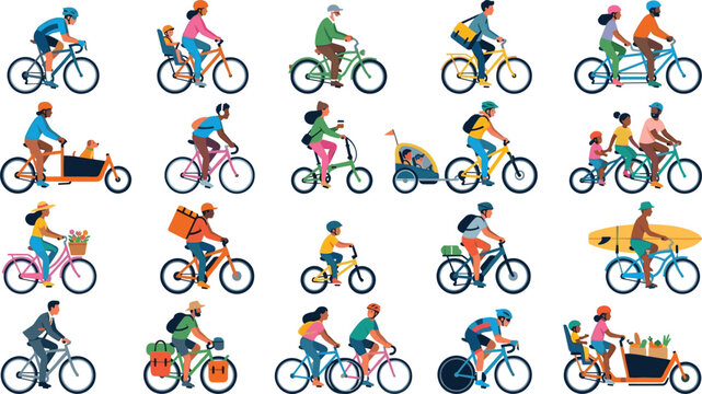 Diverse set of people riding different bicycles including cargo bike tandem electric bicycle commuter road and family cycling vector illustration