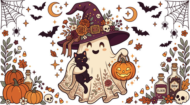 Cute ghost wearing a witch hat stirring a magic potion cauldron with a black cat surrounded by pumpkins and halloween elements
