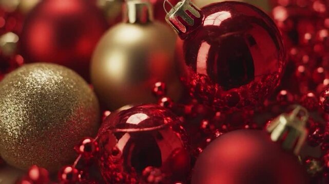 Close up of glossy red and shimmering gold holiday ornaments with bead garlands