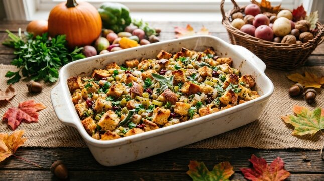 Delicious homemade stuffing with herbs and vegetables in a baking dish, ready for Thanksgiving dinner