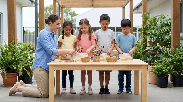 A diverse group of young children and their female teacher engage in an outdoor art and craft activity at a modern early learning center.