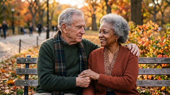 Heartwarming cinematic photograph of a happy elderly multiethnic couple holding hands on a park bench during a golden autumn sunset