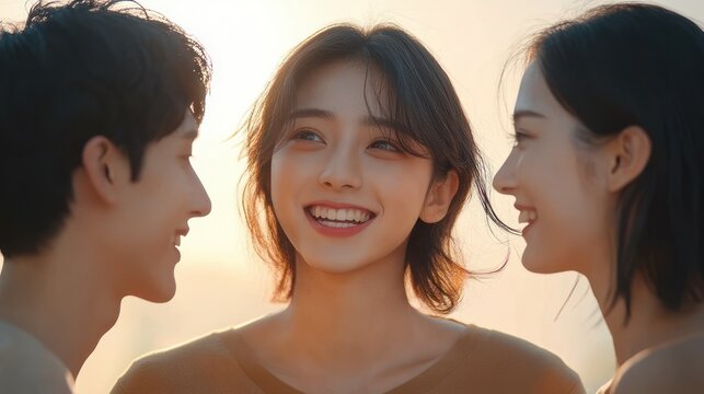 three people standing close together with blurred faces bathed in warm backlight at sunset, contemplative and intimate mood