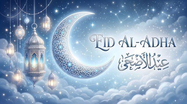 Eid al adha greeting with crescent moon lanterns and calligraphy