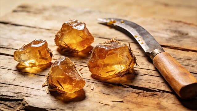 Natural Pine Resin Blocks With Tapping Knife On Weathered Pine Board
