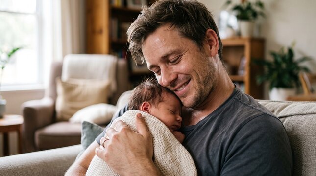 Heartwarming candid portrait of a happy young caucasian father smiling while holding his sleeping newborn baby closely on a living room sofa