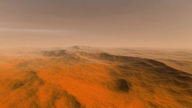 Barren alien landscape with undulating terrain under hazy ochre sky