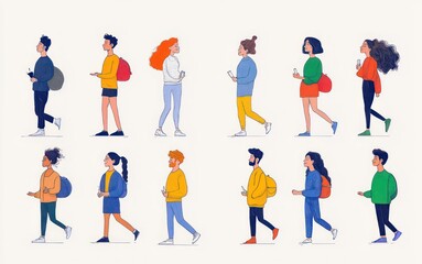 Fototapeta premium two rows of six diverse illustrated people walking in profile, carrying backpacks and phones, wearing casual colorful clothing, relaxed cheerful expressions, side view pedestrian motion