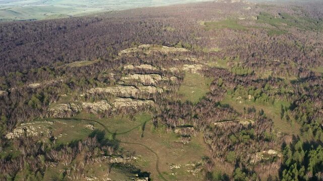 Urals in spring: Irendyk ridge, Mount Karatashmas. Aerial view.