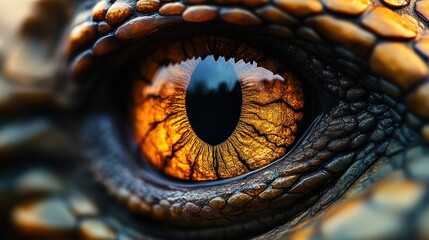 Fototapeta premium intense close-up of a reptile eye with amber iris, vertical slit pupil and textured scales reflecting a silhouetted landscape, watchful and primal