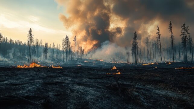wildfire raging through a pine forest with thick smoke plumes, scattered flames and scorched ashen ground conveying devastation and urgency