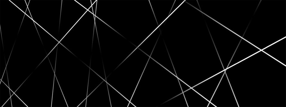 Straight chaotic random lines background. Intersecting white lines on a black background