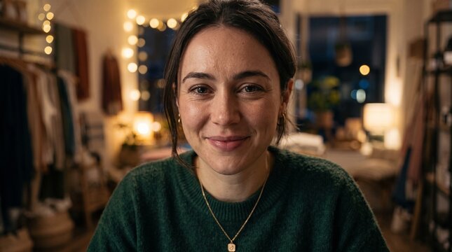 Close up portrait of a young female entrepreneur exhaling a sigh of relief with a proud subtle smile inside her boutique shop at night