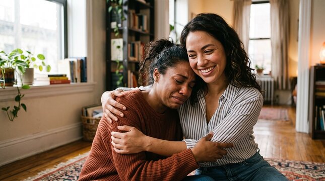 Candid emotional photograph of a supportive hispanic woman comforting her crying black friend sitting on the living room floor sharing a genuine moment of deep empathy vulnerability