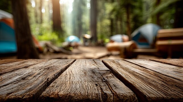 Weathered brown wooden table surface positioned in the foreground of a blurred peaceful forest campsite with bright natural sunlight filtering