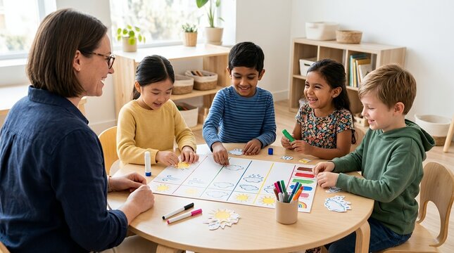 A smiling teacher guides four diverse young children in a fun, educational group activity at a round wooden table in a bright classroom.