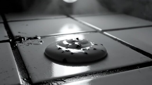 Black and white close-up of a viscous liquid being poured onto a tiled surface