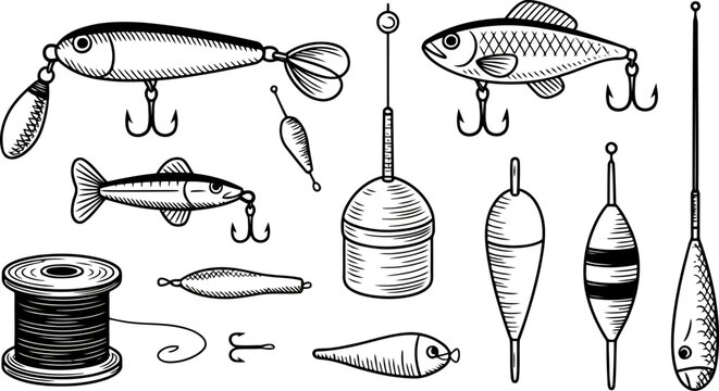 Black and white illustration of fishing lures and equipment bait bobber