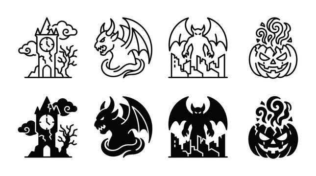 Spooky halloween symbols featuring haunted tower gargoyle demon and pumpkin halloween gargoyle silhouette mysterious