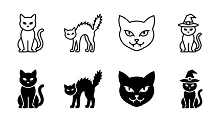 Fototapeta premium Halloween cat icon collection featuring outline and solid silhouette designs halloween silhouette collection