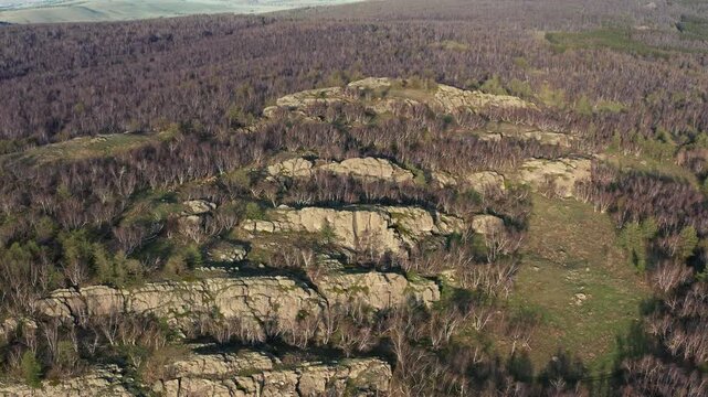 Urals in spring: Irendyk ridge, Mount Karatashmas. Aerial view.