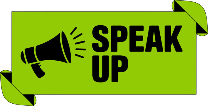 Black megaphone and SPEAKUP text on a light green banner with rolled corners
