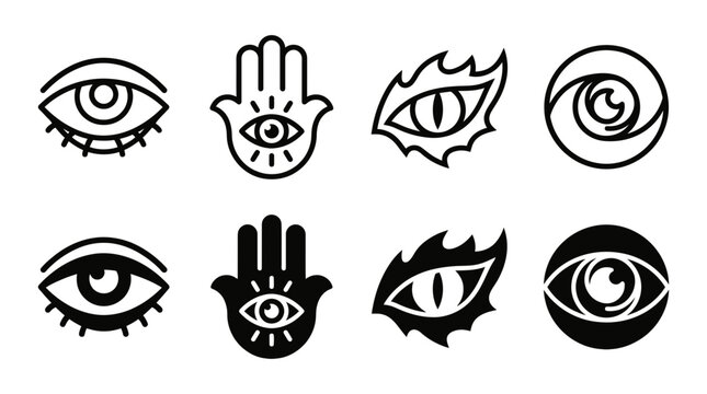 Collection of human eye and protective hamsa hand symbols with protective spiritual esoteric mystical illustration