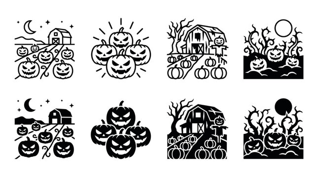 Collection of halloween farm and pumpkin patch scenes in black and white with halloween jackolantern scarecrow