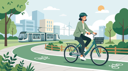 Fototapeta premium Woman cycling on eco-friendly city path with tram and windmills