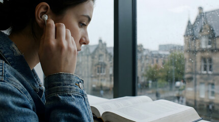 Fototapeta premium Young woman listening to music and reading a book by the window on a rainy day