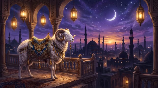 Majestic ram with ornate saddle overlooking illuminated middle eastern cityscape