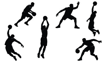 Basketball Player Silhouettes Set, Vector Active Athletes Slam Dunking and Dribbling Collection, Team Sports Graphic Design Elements, Isolated Black Action Pose Clipart Pack © farheen