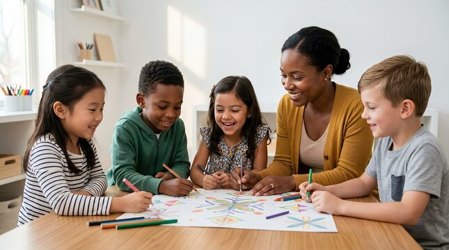Happy diverse children and female teacher coloring together at a table in a bright classroom setting.